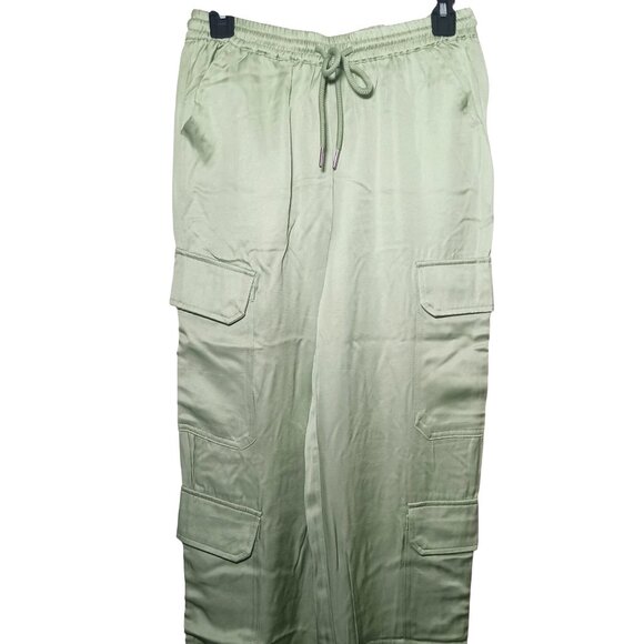 NEW Gorgeous Satin Mid-Rise Cargo Pants Size M Sage Green Joggers Elastic Waist - Picture 4 of 10